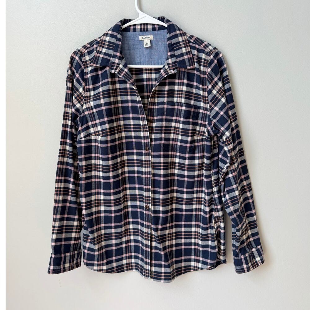 LL Bean Women's Plaid Button Down Shirt Size S Navy Pink Long Sleeve Stretch